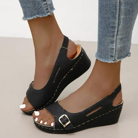 

VKEKIEO Open Toe Casual Shoes For Women Low Heel Wedge Black