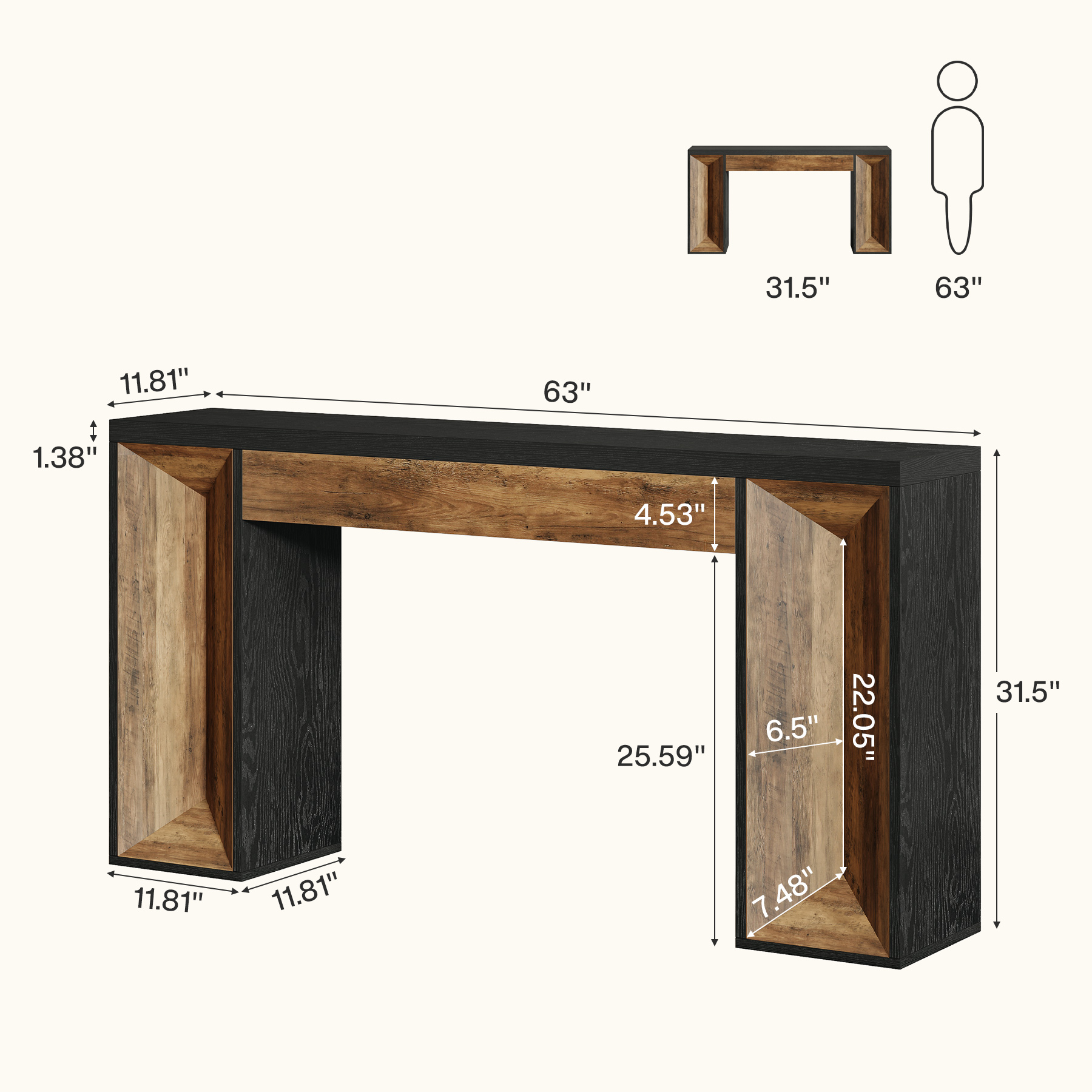 Finmind 63-inch Long Console Table for Entryway, Farmhouse Wood Foyer Table with Dual-Tone Design, Brown and Black