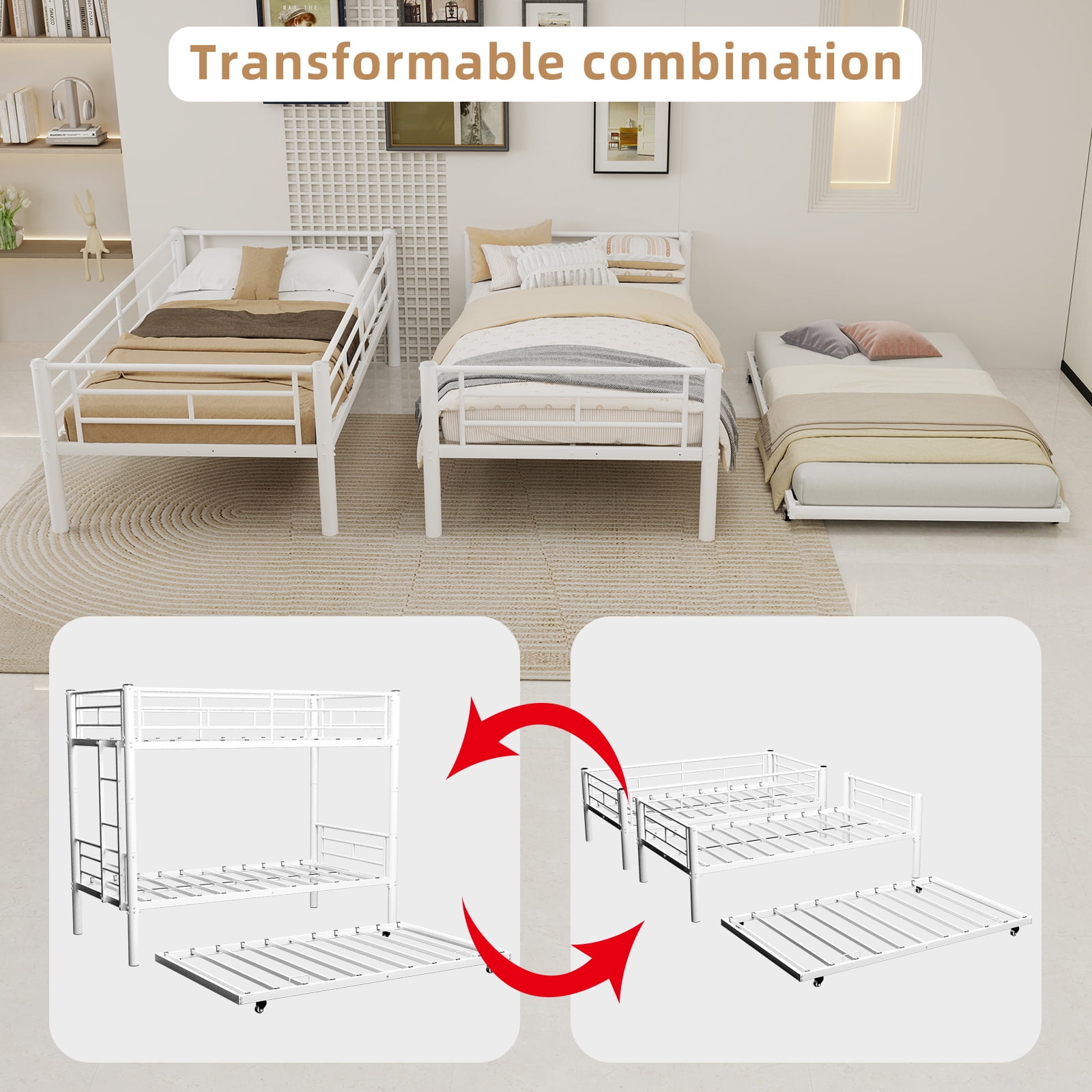 Alvantor Twin Bunk Bed with Trundle for Kids and Teens, Heavy Duty Metal Bed Frame, Triple Bunk Bed with Safety Rail Side White