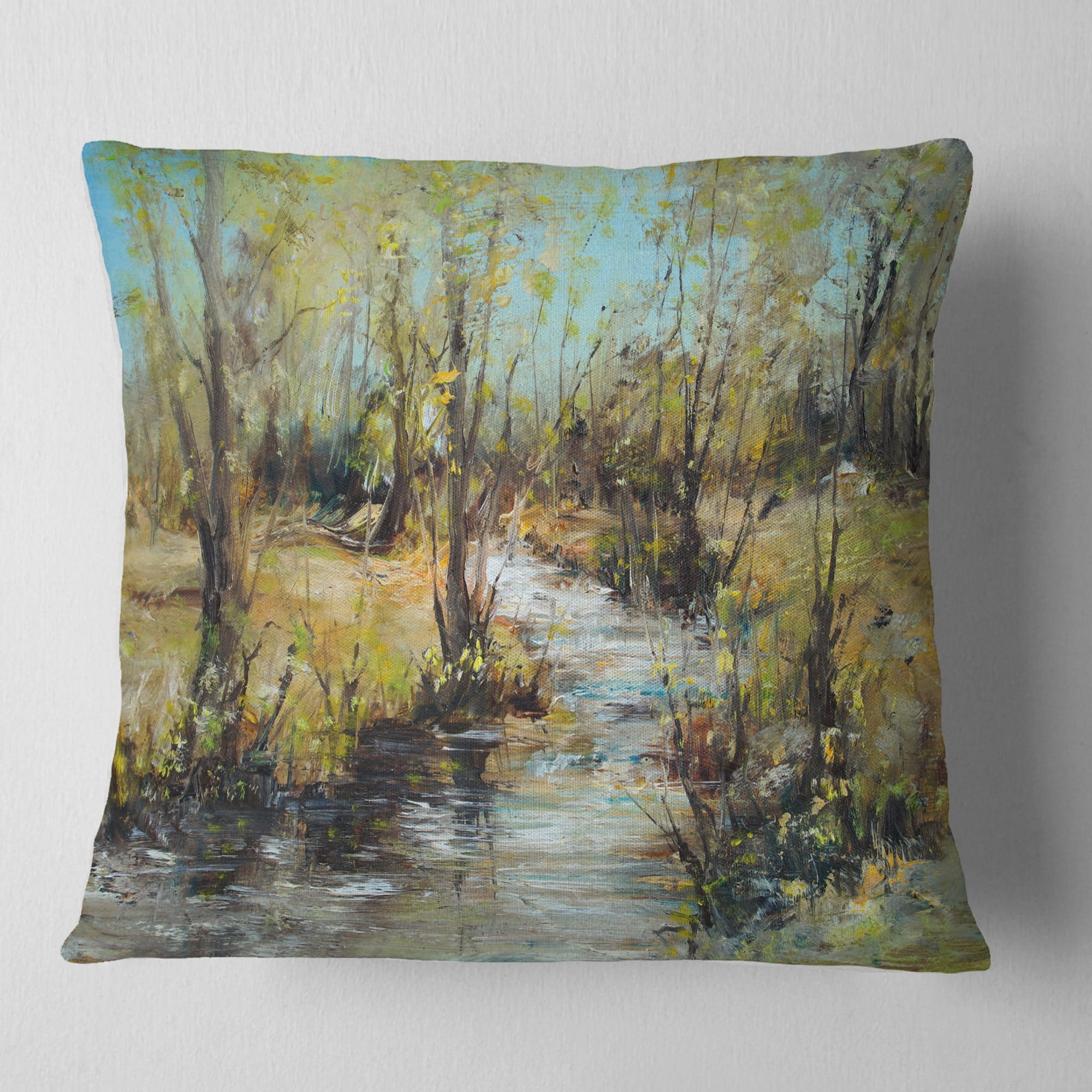 Designart Creek and Woods Oil Painting - Landscape Painting Throw Pillow - 18x18