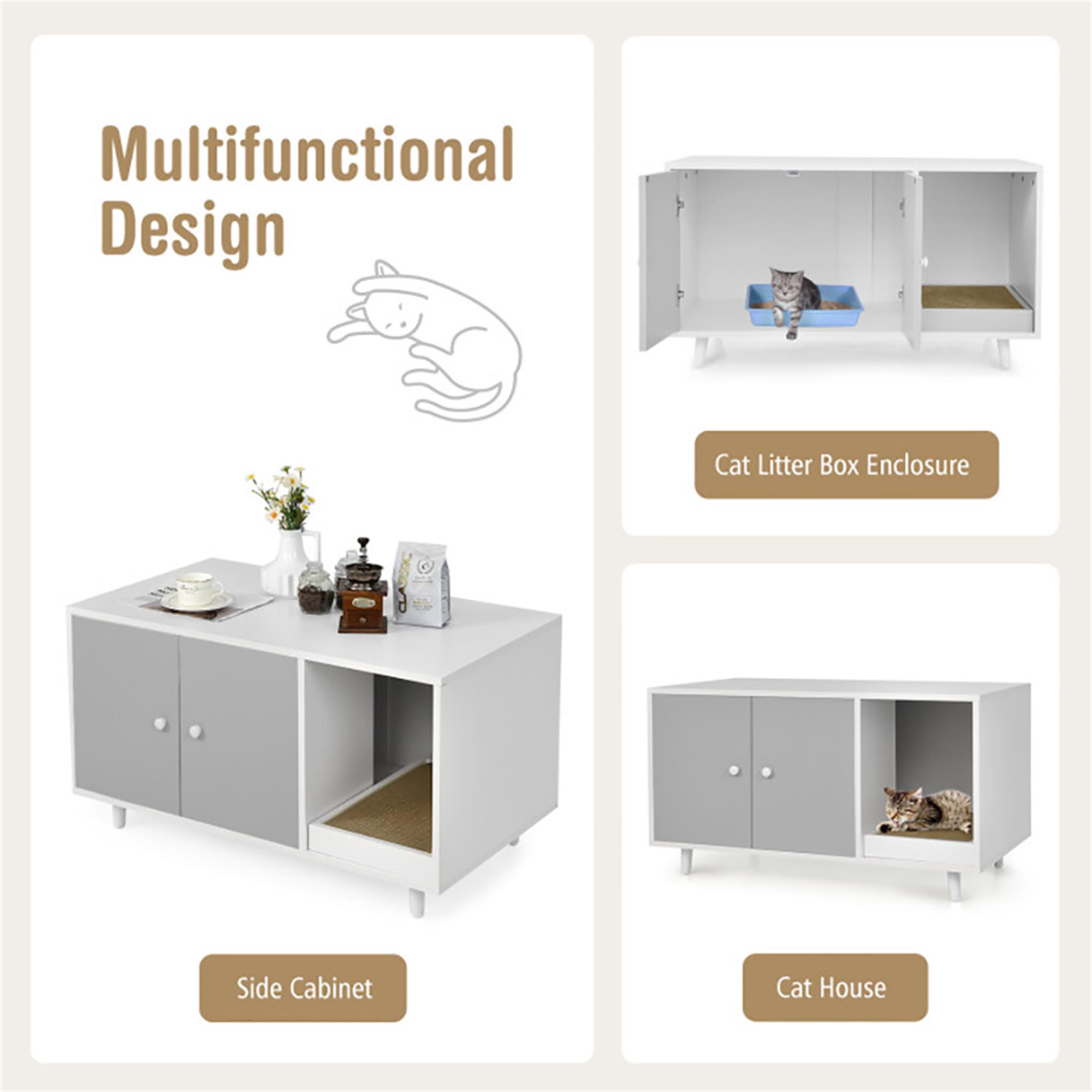 resenkos 35" Cat Litter Box Enclosure Hidden Litter Box Furniture, Wooden Cat Washroom Cat House with Scratch Pad, Gray