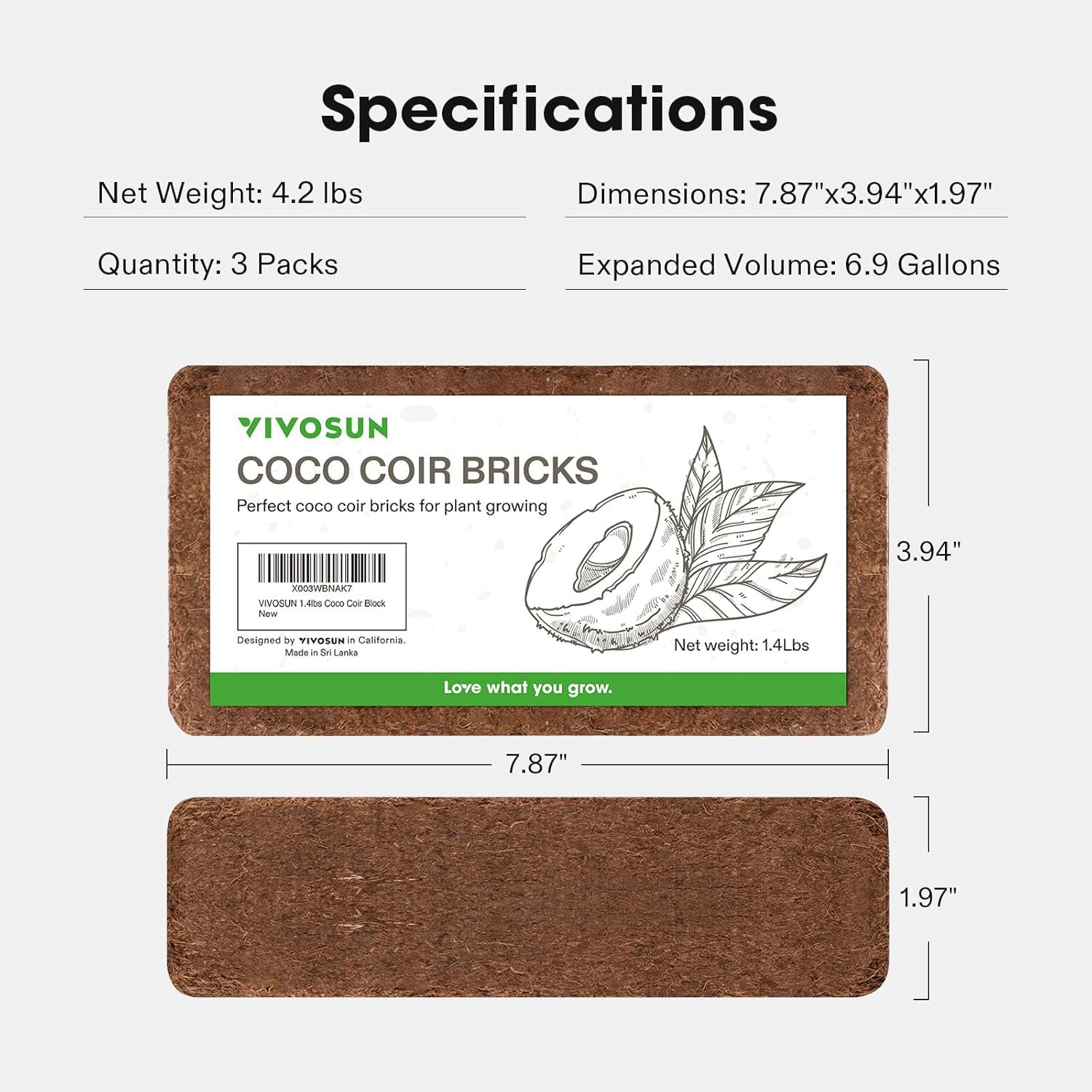 VIVOSUN Coco Coir Brick, 1.4lbs 100% Natural Organic Compressed Coconut Coir Fiber with Low EC, PH Balance & High Nutrition, Coconut Fiber Substrate, Coconut Soil for Plants, 3-Pack