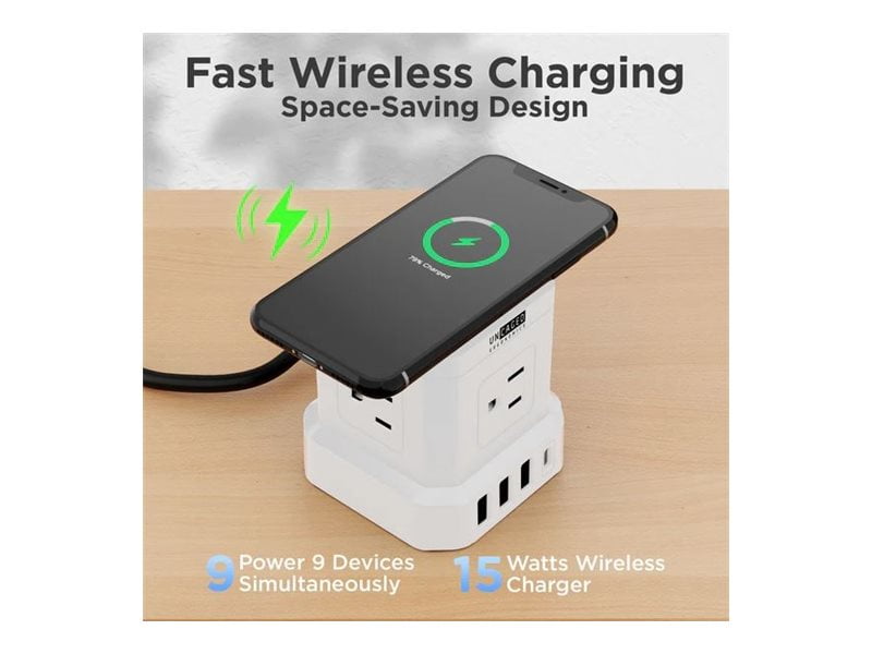 Wireless Charger Cube Power Strip with USB Ports – 10ft Extension Cord, 4 AC Outlets + 3 USB + 1 Fast-Charging USB-C, 15W Wireless Charging, Surge Protection & Mountable On/Off Switch