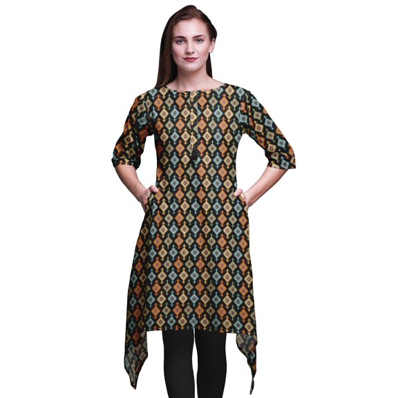 Bimba Black Diamond Ikat Women Kurtas Ethnic Printed Asymmetric Summer Wear Tops For Women Medium