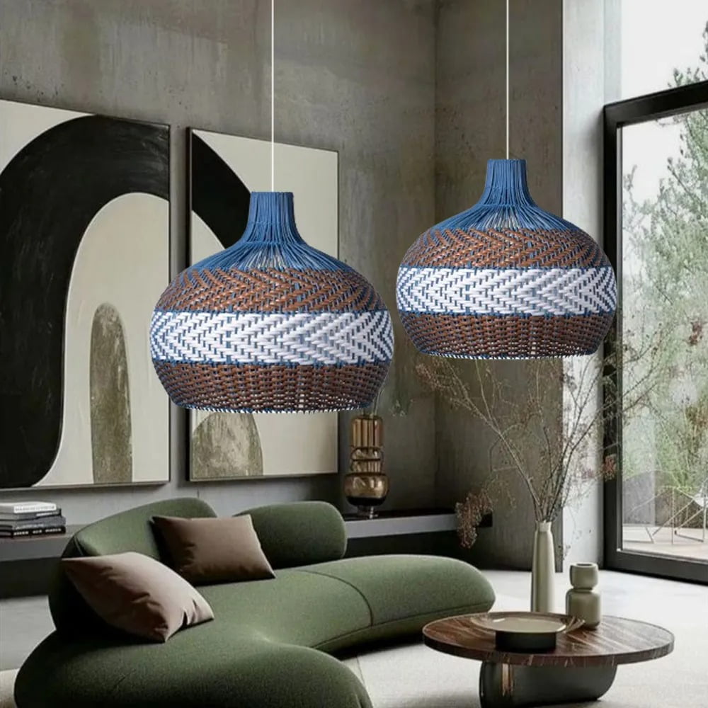 LittleGlovo Classic Blue Rattan Pendant Light Shade Quality Handmade Kitchen Island Dining Room Hanging Ceiling Chandeliers