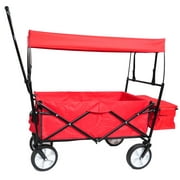 Extra Large Collapsible Garden Cart with Removable Canopy, Folding Wagon Utility Carts with Wheels and Rear Storage, Wagon Cart for Garden, Camping, Grocery Cart, Shopping Cart, Red