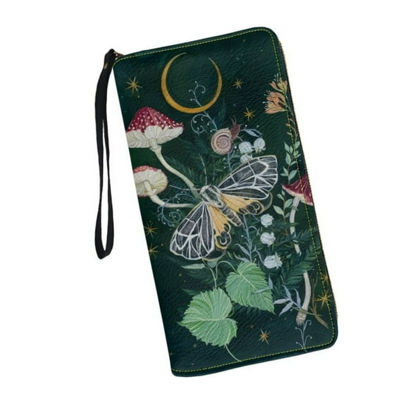 Cute Wallet for Womens Mushroom Moon Butterfly Print Around Zip Long Purse RFID Blocking Leather Card Holder Clutch Bag