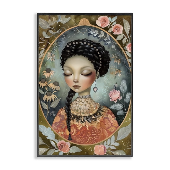 Stupell Industries Transitional Floral Edged Portrait of Woman Black Framed Giclee Art, 12 x 18, by The Dutch Lady