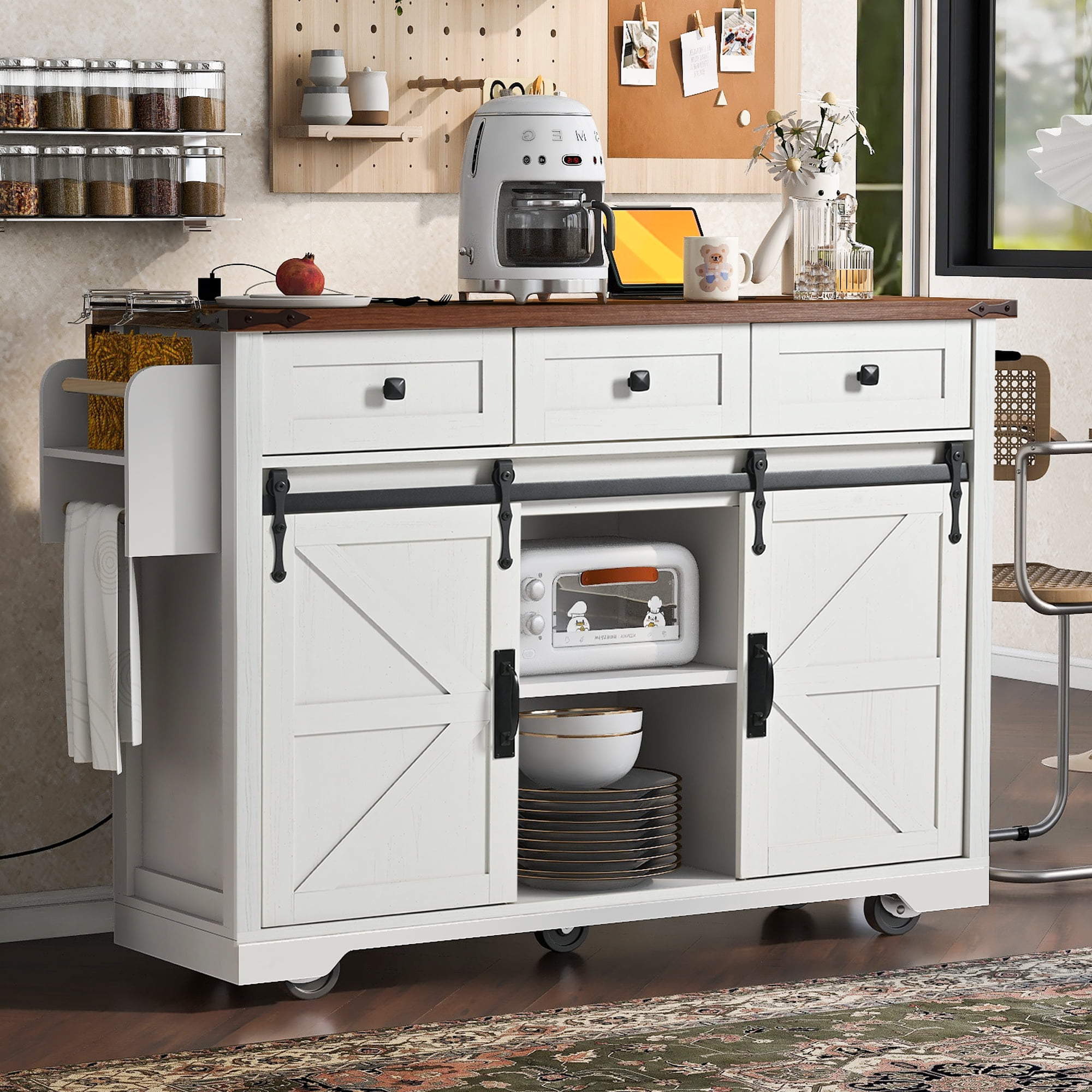 Mintazer 53.7" Farmhouse Kitchen Island with Power Outlet & Drop Leaf, Kitchen Storage Island with 2 Door & 3 Drawers, Spice Rack Rolling Kitchen Cart with Wheels&nbsp;for Home Kitchen, White
