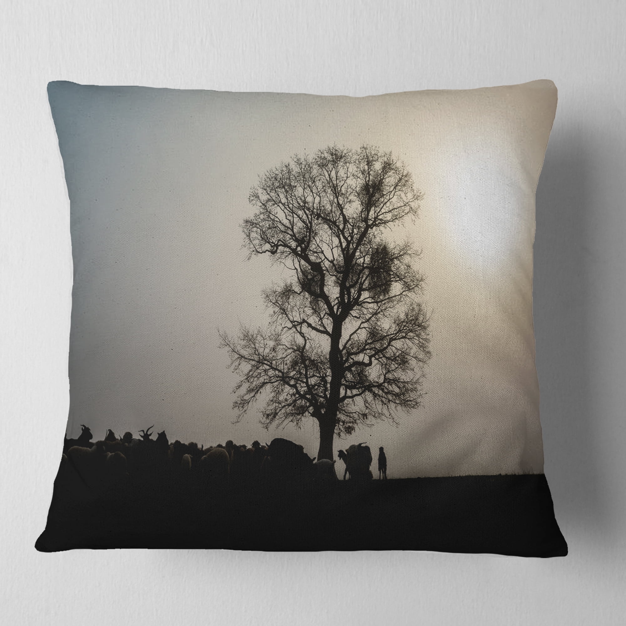 Designart Frosty Spring Morning Sunrise with Tree - Landscape Printed Throw Pillow - 18x18