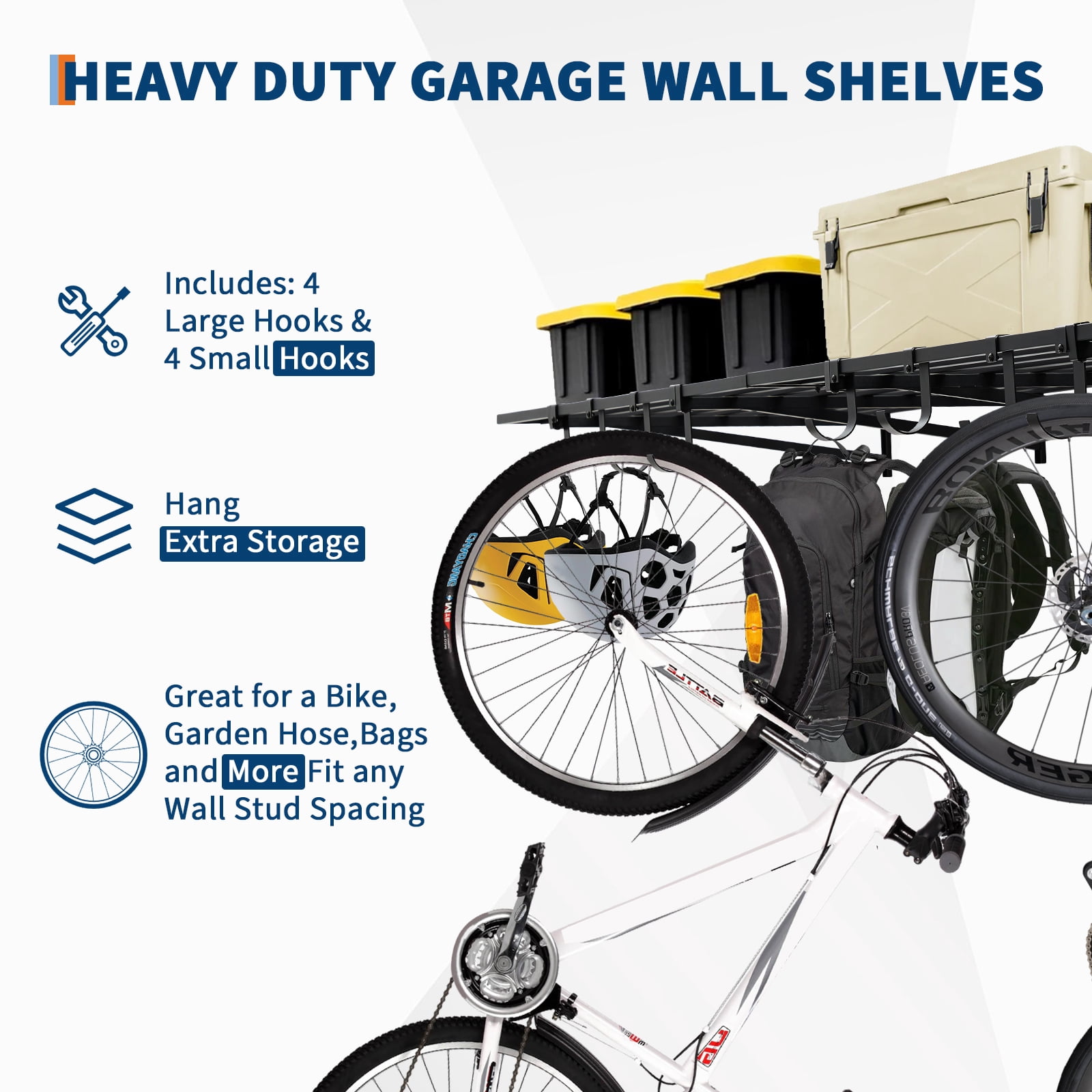 Heavy Duty Garage Wall Shelf, 2 Pack 2x4 ft Metal Floating Shelves with 8 Hooks – 200lbs Each – Wall Mounted Storage Organizer for Garage, Shop, Laundry Room, Office