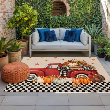 Outdoor Rug Thanksgiving Pumpkins Turkey Indoor Area Rug Outdoor Carpet RV Camping Rugs 4x6ft Red Truck Maple Leaves Outside Mat for Patio Picnic Porch Deck Balcony Backyard