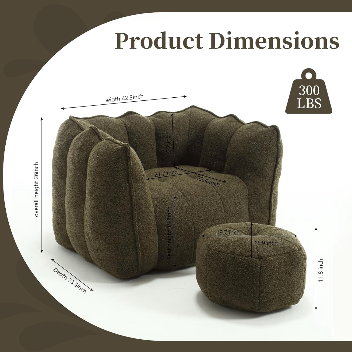 Tabaray Bean Bag Chairs with Ottoman, Bean Bag Couch for Adults, Bean Bag Sofa w High Resilient Foam, Modern Lazy Sofa Chair with Armrest for Living Room, Bedroom, Gaming Room, Apartment Olive Green
