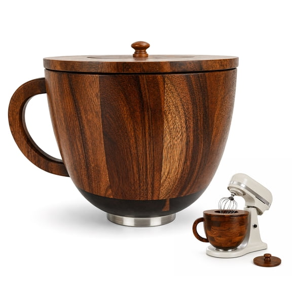 HI-REEKE Acacia Wood Mixing Bowl for KitchenAid 4.5 5 QT Tilt-Head Mixer with Handle and Lid