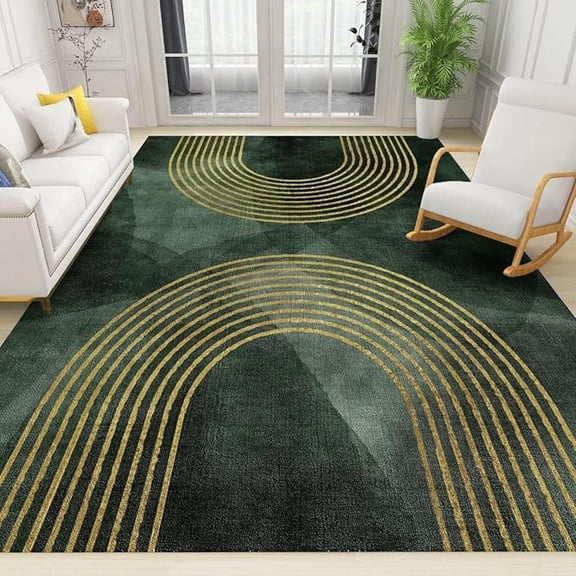 Mid Century Boho Luxury Green Abstract Print Rugs, Modern Rainbow Area Rug, Indoor Non-Slip Kids Rugs, Machine Washable Breathable Durable Carpet For Front Entrance Floor Decor 5x7ft