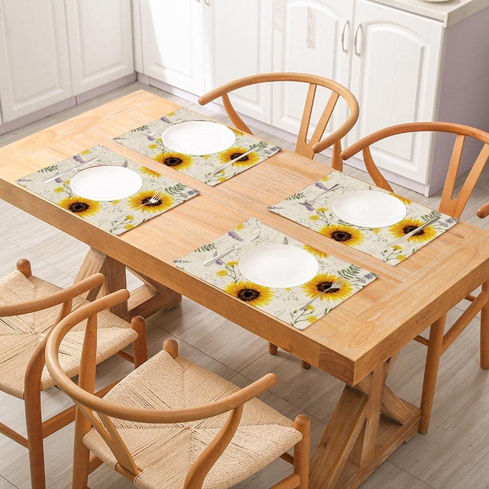 Sunflower Placemat Beautiful Vintage Floral Pattern Autumn Wild Flowers Farmhouse Placemats 18"X12"Set of 4 for Dining Kitchen Restaurant Table