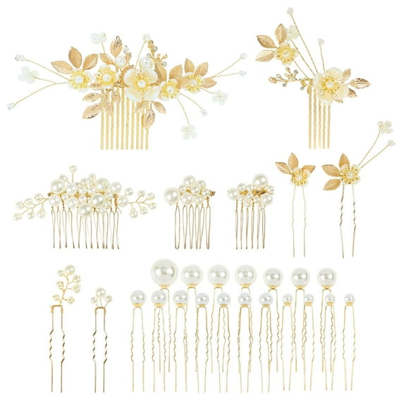 27 Pack Sparkly Glitter Gold Rhinestone Leaf Flower Bridal Metal Hair Side Combs U-shaped Pearl Hair Pins Clips Barrettes Headpieces Wedding Hair Accessories for Women Brides Bridesmaids Girls