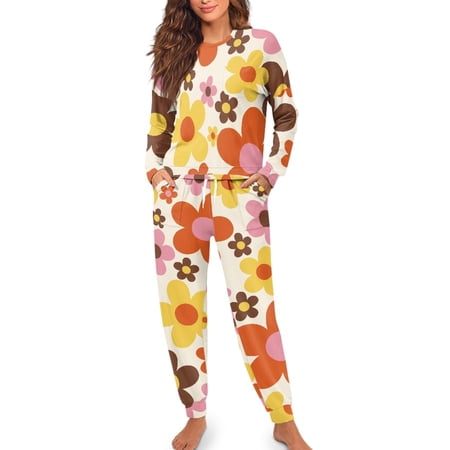 Yuyamidu Colorful Floral Long Sleeve Pajama Tops for Women Long Pants 2 PCS Women s Sleepwear Pajamas Pants with Drawstrings Skin Friendly Round Neck Sleep Set Size L