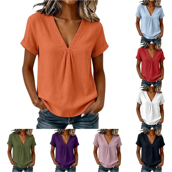 HCYSFG Womens Oversized Blouse V Neck Short Sleeve Solid Color Loose Fit Casual Shirt Summer Everyday Wear Tunic Tops