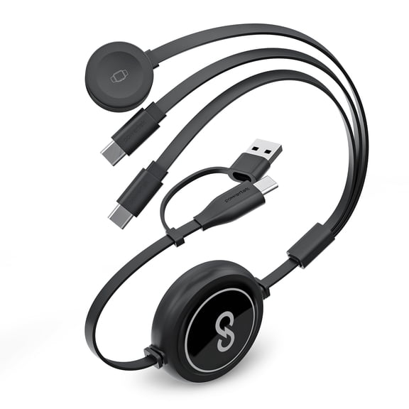 Powertek 6 ft. 3-in-1 Retractable USB-C and Universal Watch Charger, Black