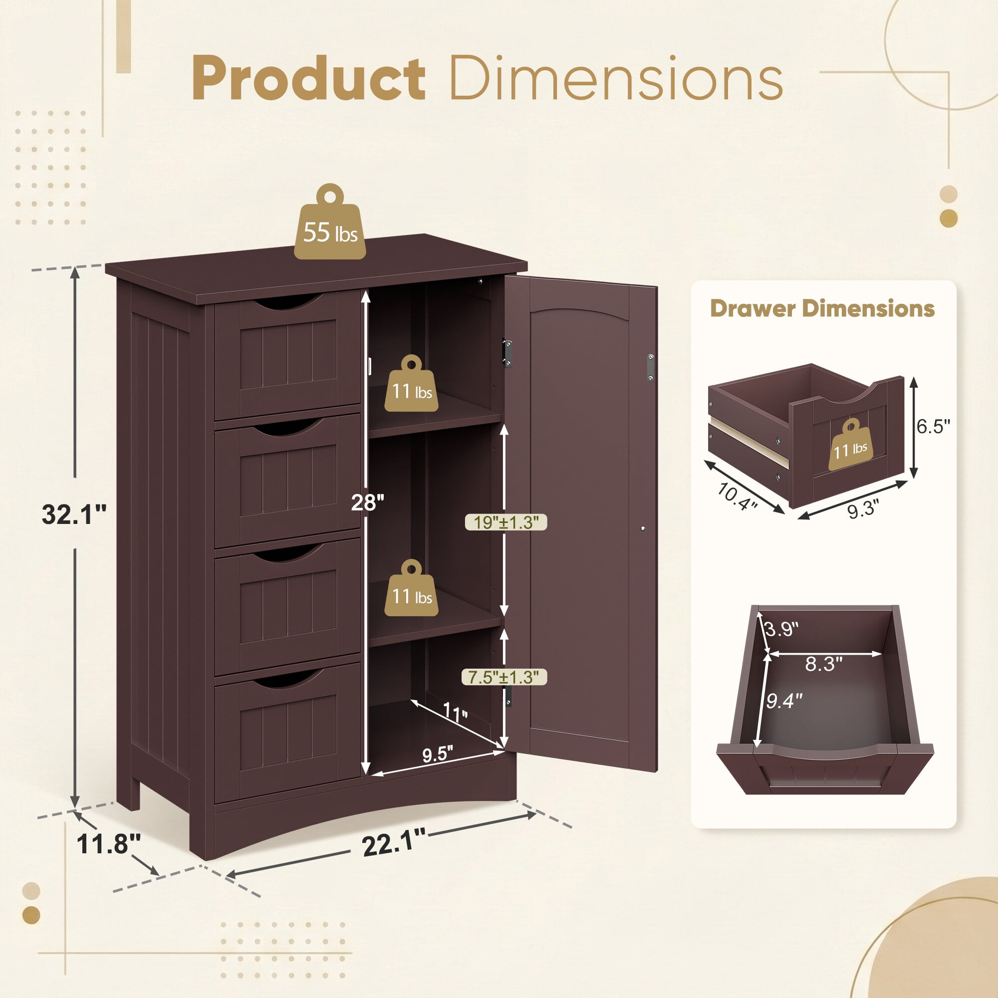 ZENSTYLE Bathroom Floor Cabinet Kitchen Organization 4 Drawers W/3 Tiers Side Space, Brown