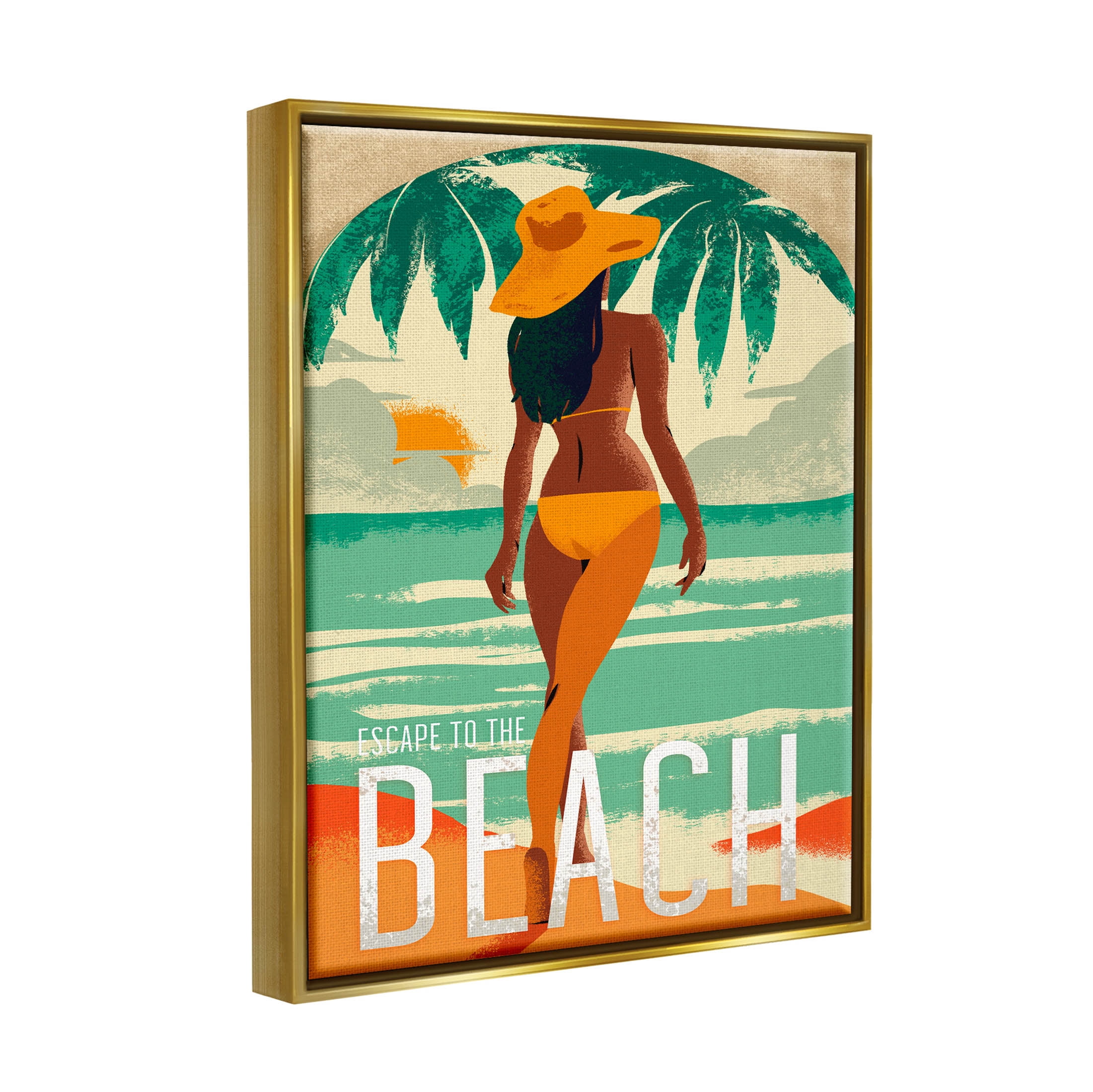 Stupell Industries Escape to Beach Vacation Graphic Art Metallic Gold Floating Framed Canvas Print Wall Art, Design by Ziwei Li