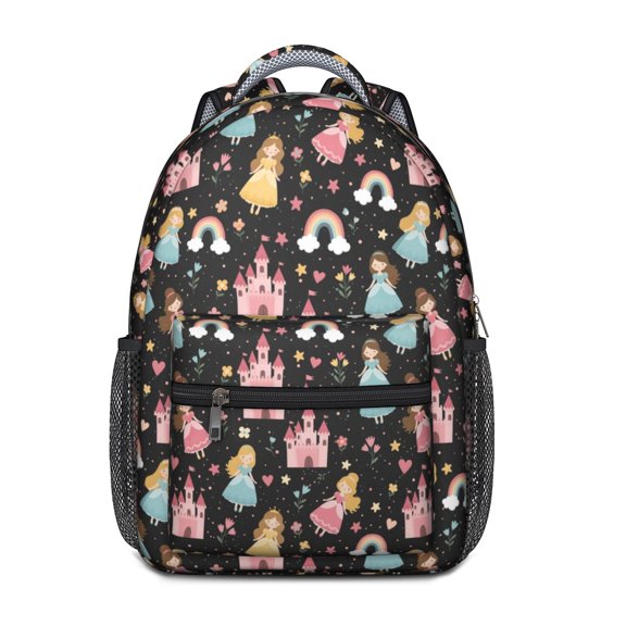 Princess and Castle Black Pattern Backpack for School, Cute School Bag with Adjustable Shoulder Straps and Padded Back, 15.3"x11"x6.7"