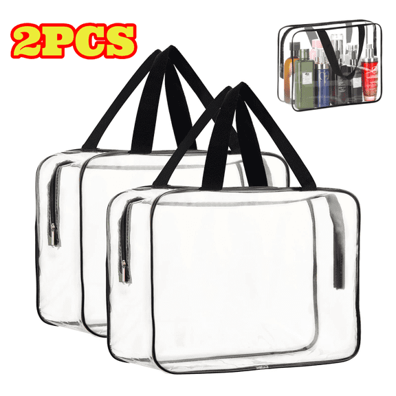 2pcs Large Clear Cosmetic Organizer Bag with Handle, Toiletry Pouches with Zipper, Transparent Makeup Bag, Plastic Tote Bags for Traveling