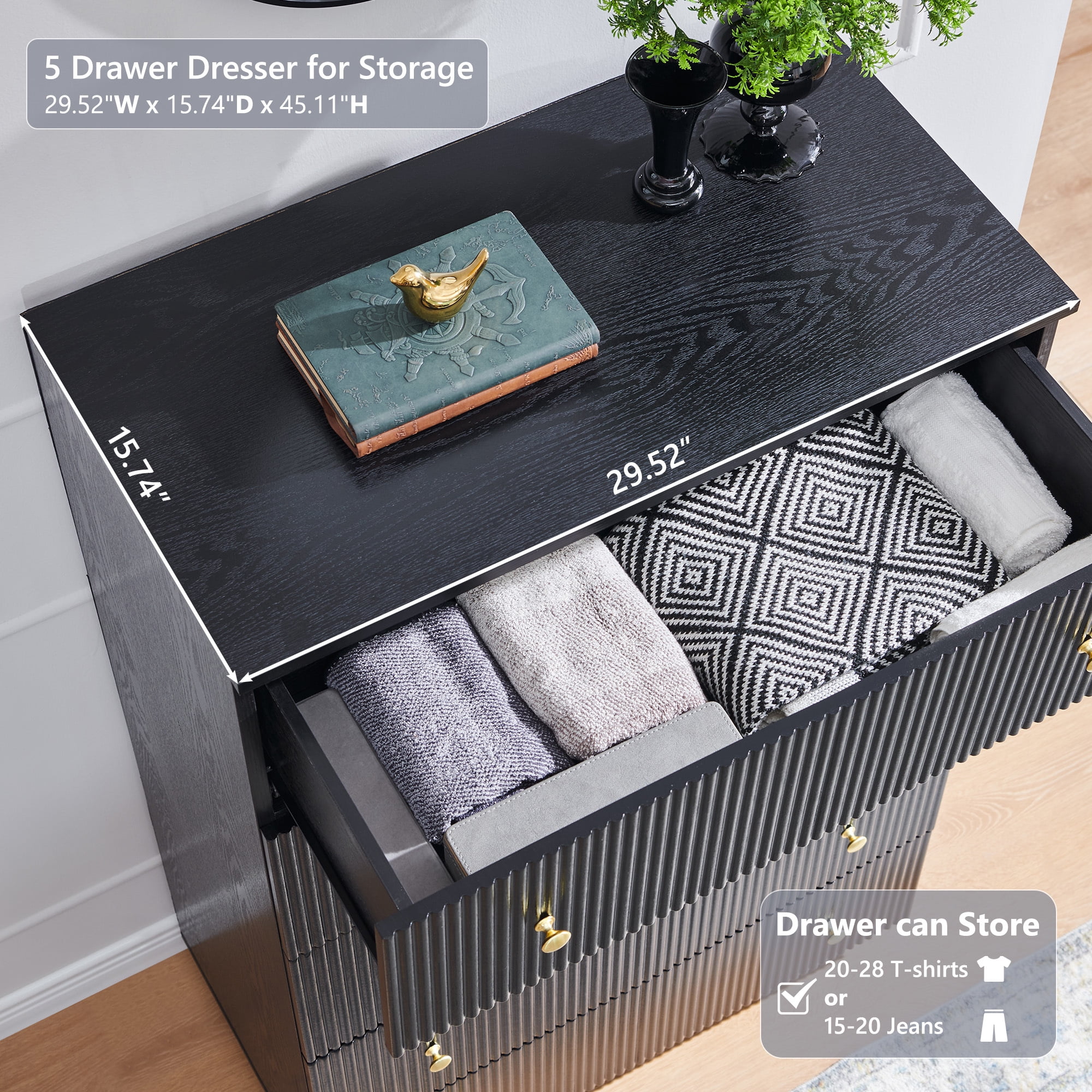 wow97e Fluted 5 Drawers Dresser, Wood Tall Chest of Drawers with Deep Storage, Modern Bedroom Chest for Closet Hallway, Entryway, Living Room