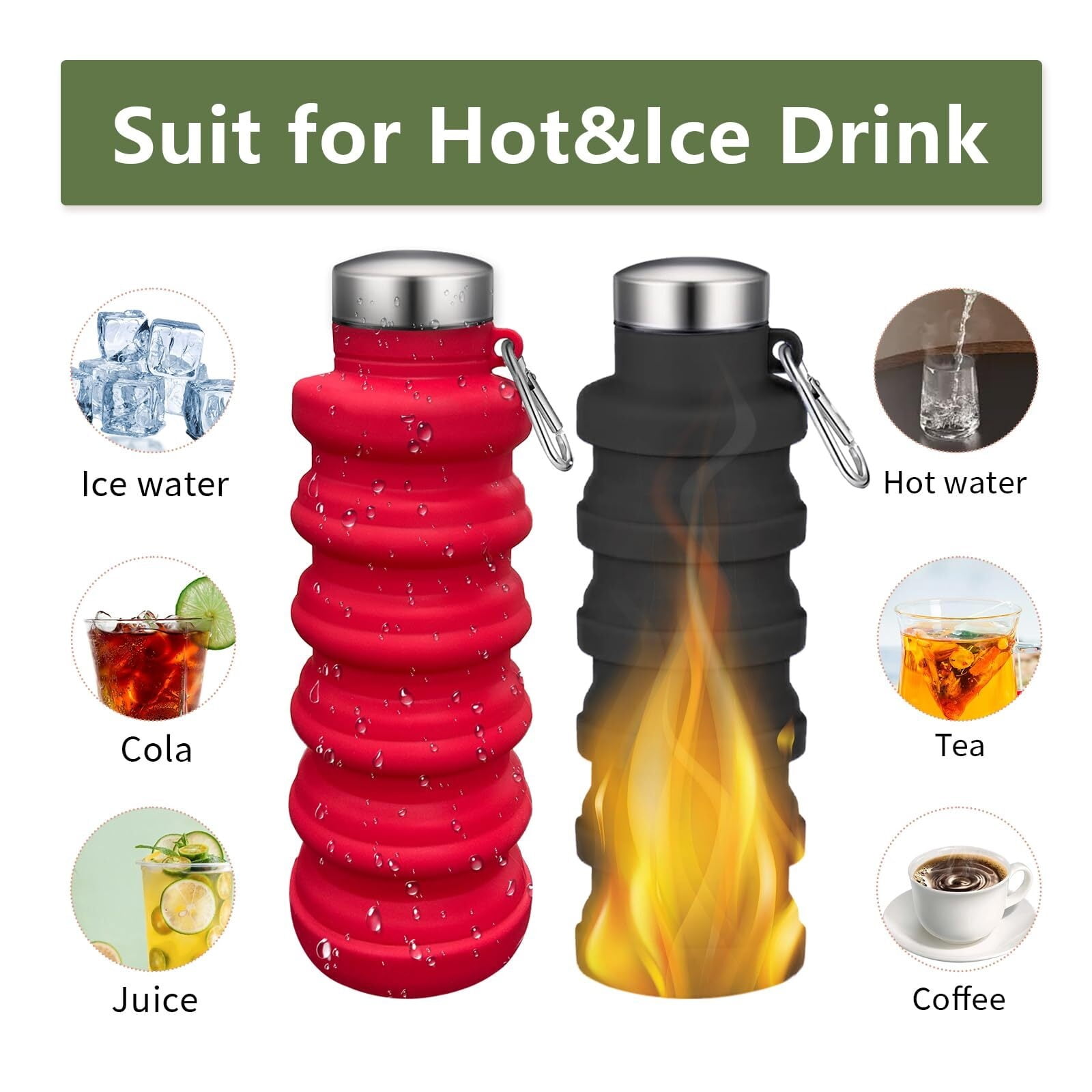 Collapsible Water Bottle,4 Pcs BPA Free Reuseable Silicone Foldable Leakproof 16oz Water Bottles,Portable Lightweight Water Bottles with Carabiner for Travel Gym Camping,Hiking Outdoor Indoor Sports