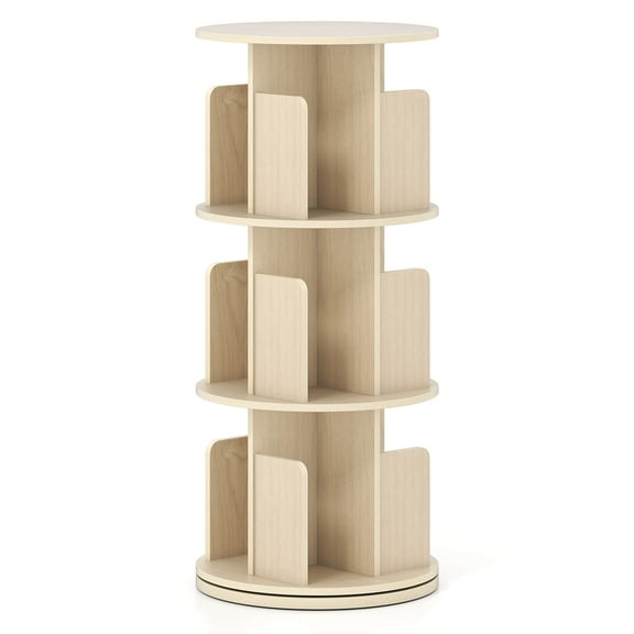 Costway 1 PCS 3-Tier Rotating Bookshelf 360° Display Rack with Dividers & Anti-falling Baffles Natural