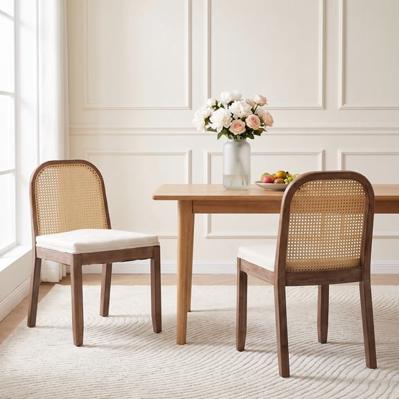 iooHug Rattan Dining Chairs Set of 2, Mid-Century Modern Cane Back Upholstered Side Chairs with Beige Chenille Cushion and Solid Wood Frame for Kitchen
