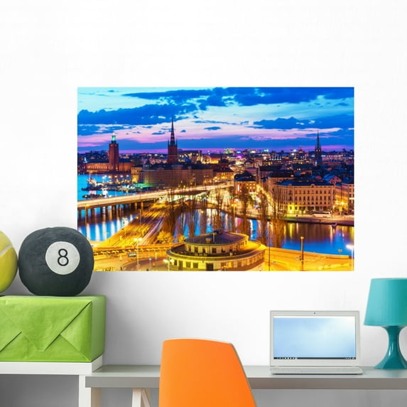 Night Panorama Stockholm Sweden Wall Mural by Wallmonkeys Peel and Stick Graphic (36 in W x 24 in H) WM2652