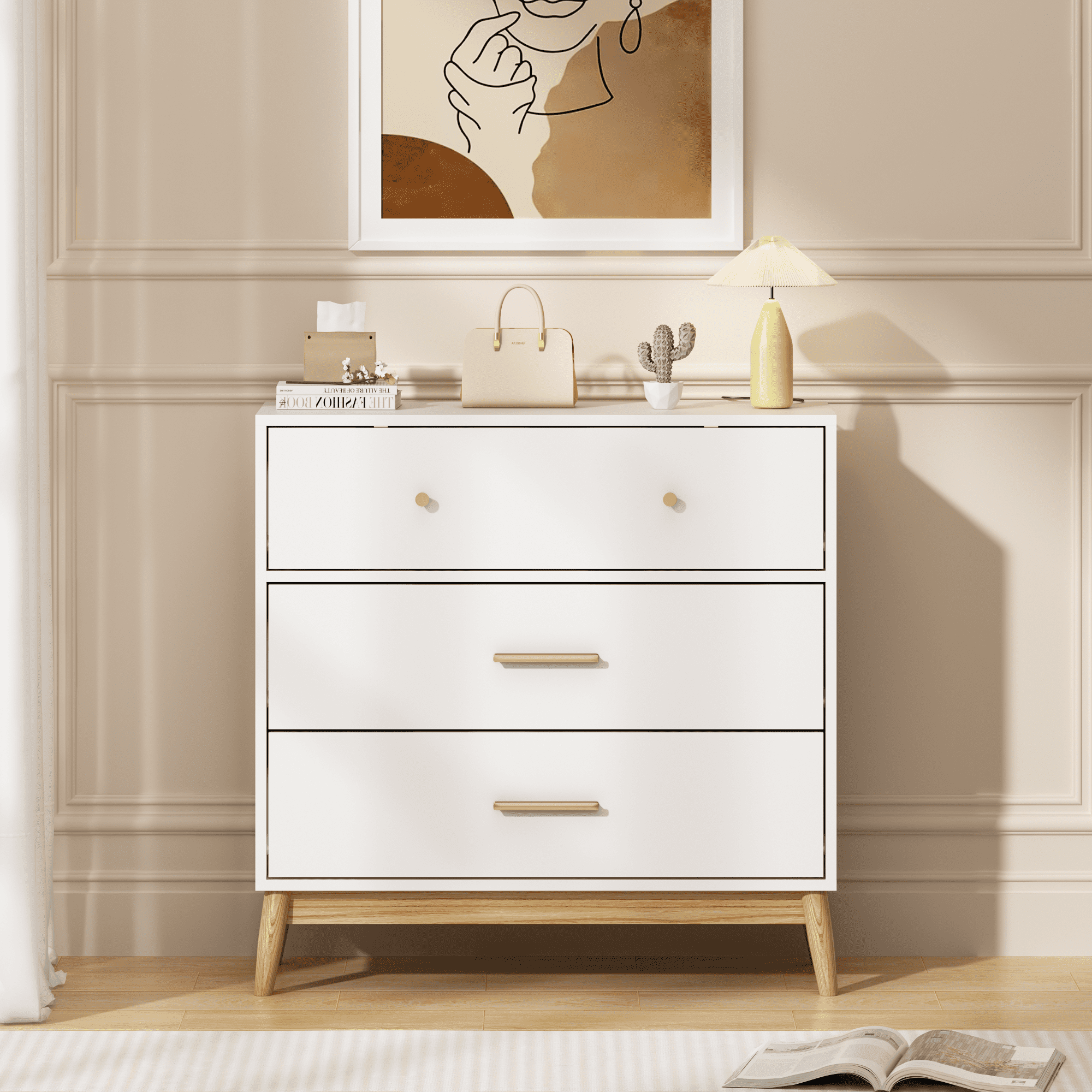 TrumanPick Nordic 3-Drawer White Dresser with Rose Gold Handles & Solid Wood Base - Small Space Storage