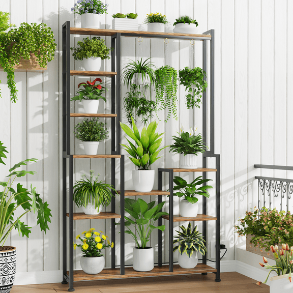Plant Stand Indoor with Grow Lights, Indoor Tiered Metal Plant Stand 70.87" Tall Plant Shelf with Hooks for Hanging, Plant Holder Display Shelves for Patio, Garden, Outdoor
