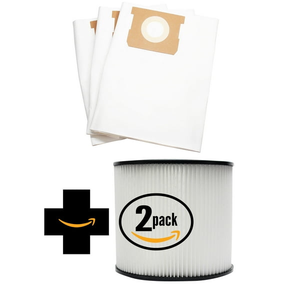 3 Replacement Shop-Vac 12B225A Vacuum Bags & 2 Cartridge Filter - Compatible Shop-Vac 90661 Bags & 90304 Filter