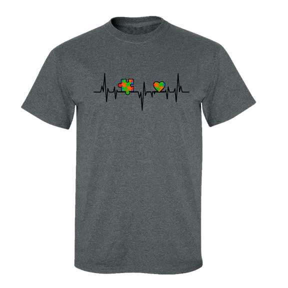 Autism Awareness Heart and Puzzle Piece Heartbeat Unisex Adult Short Sleeve T-shirt-Heather Grey-xl
