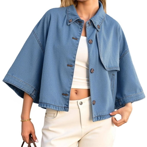 Womens 3/4 Sleeve Cropped Denim Jackets Casual Button Down Loose Coat with Pockets
