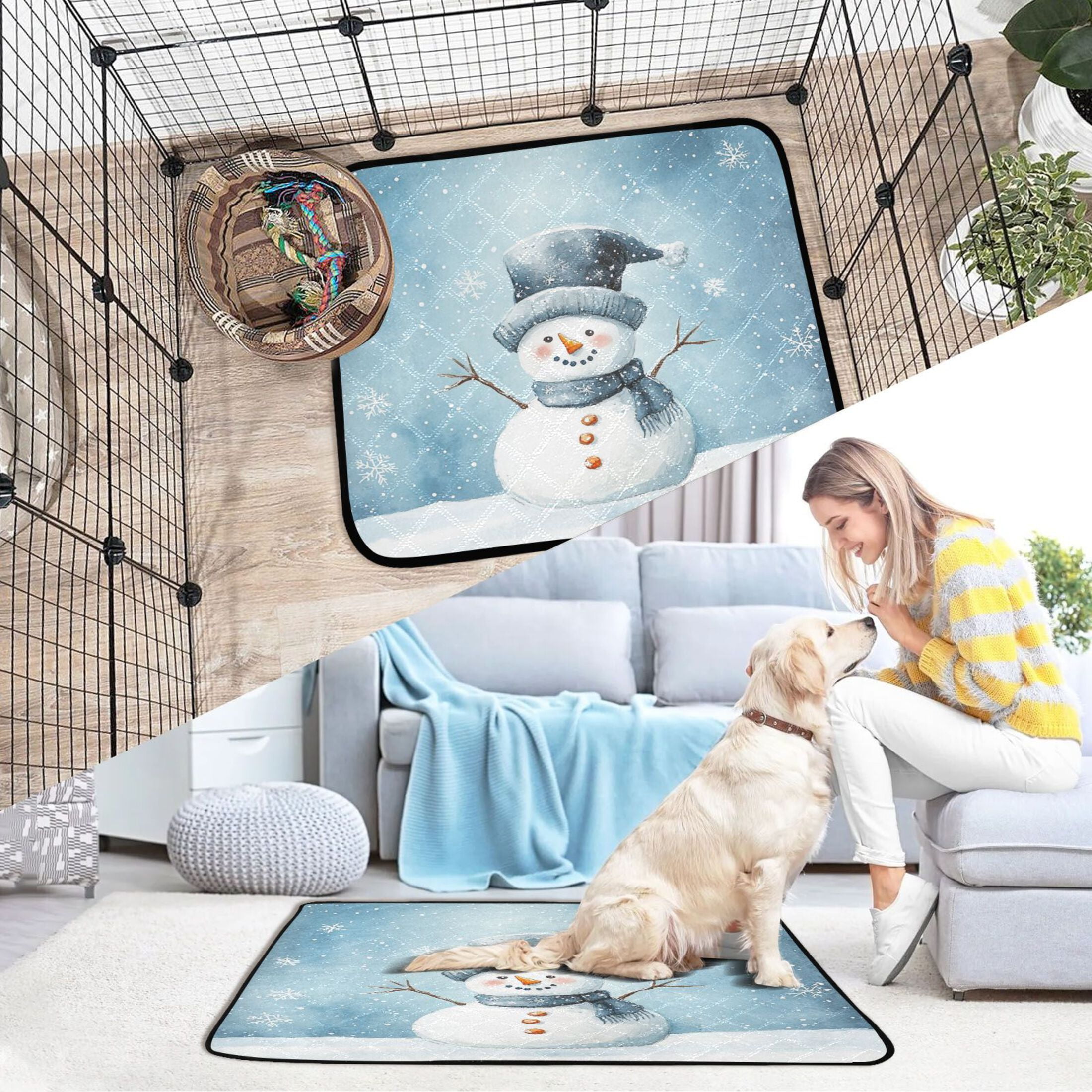 Qxltty Cute Children's Book Illustration Style Snowman Cat litter Pads Pet Set of 2 Diaper Mats Center Anti-leakage Layer Absorbent Soft and Comfortable