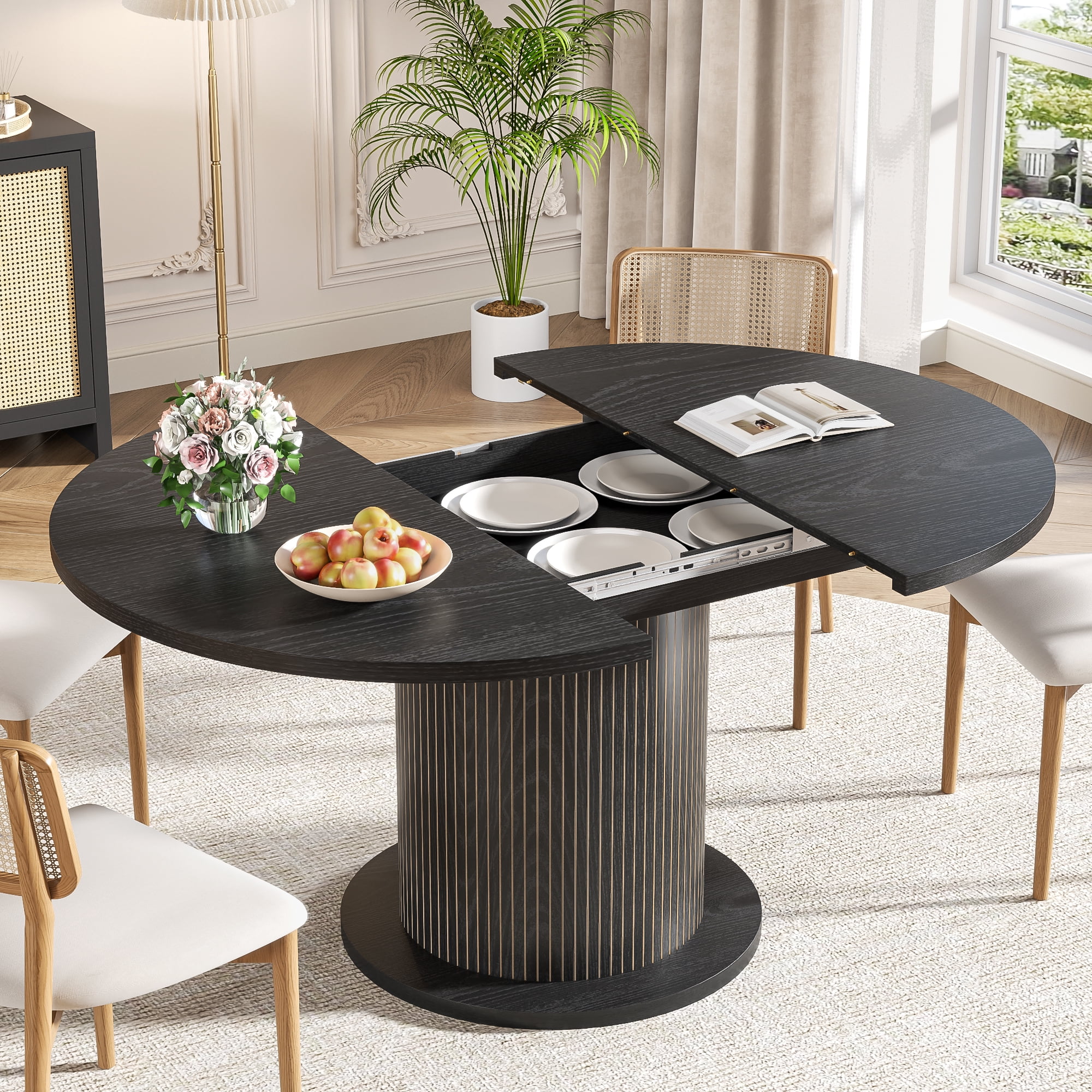 59" Extendable Round Dining Table for 4-6, Modern Oval Kitchen Table with Fluted Base, Circle Dining Table for Living Room, Black