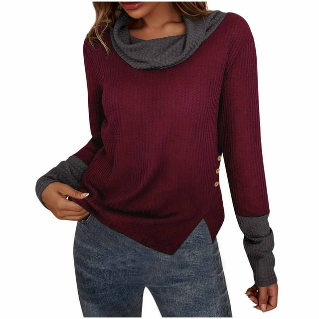 cfhntfmh Chandail Col Roulé pour Femmes Mode Automne Manches Longues Tricot Bloc de Couleur Tendance Hiver Chaud