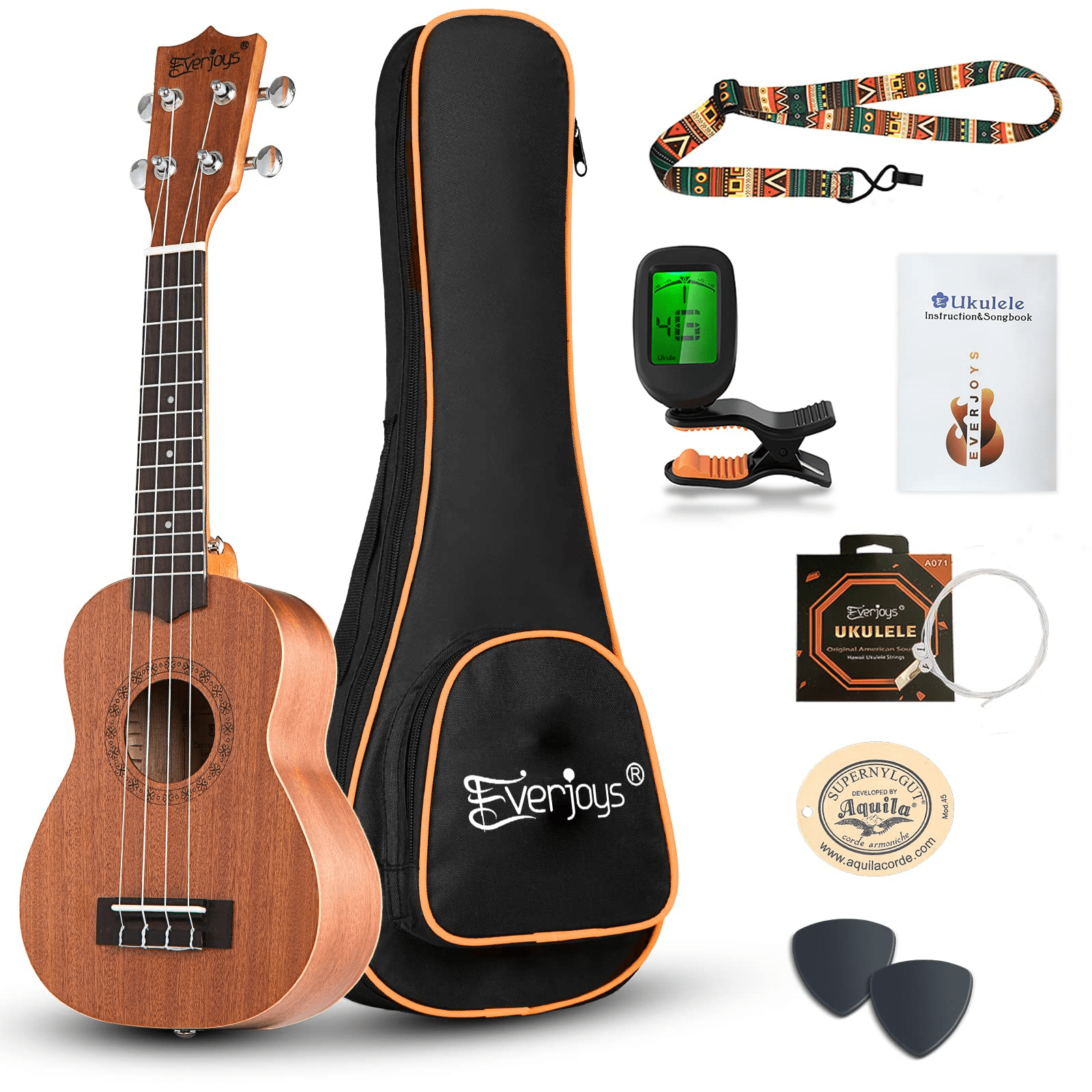 21 Inch w/How to Play Songbook Carrying Bag Digital Tuner All in One Set Soprano Ukulele Beginner Kit 