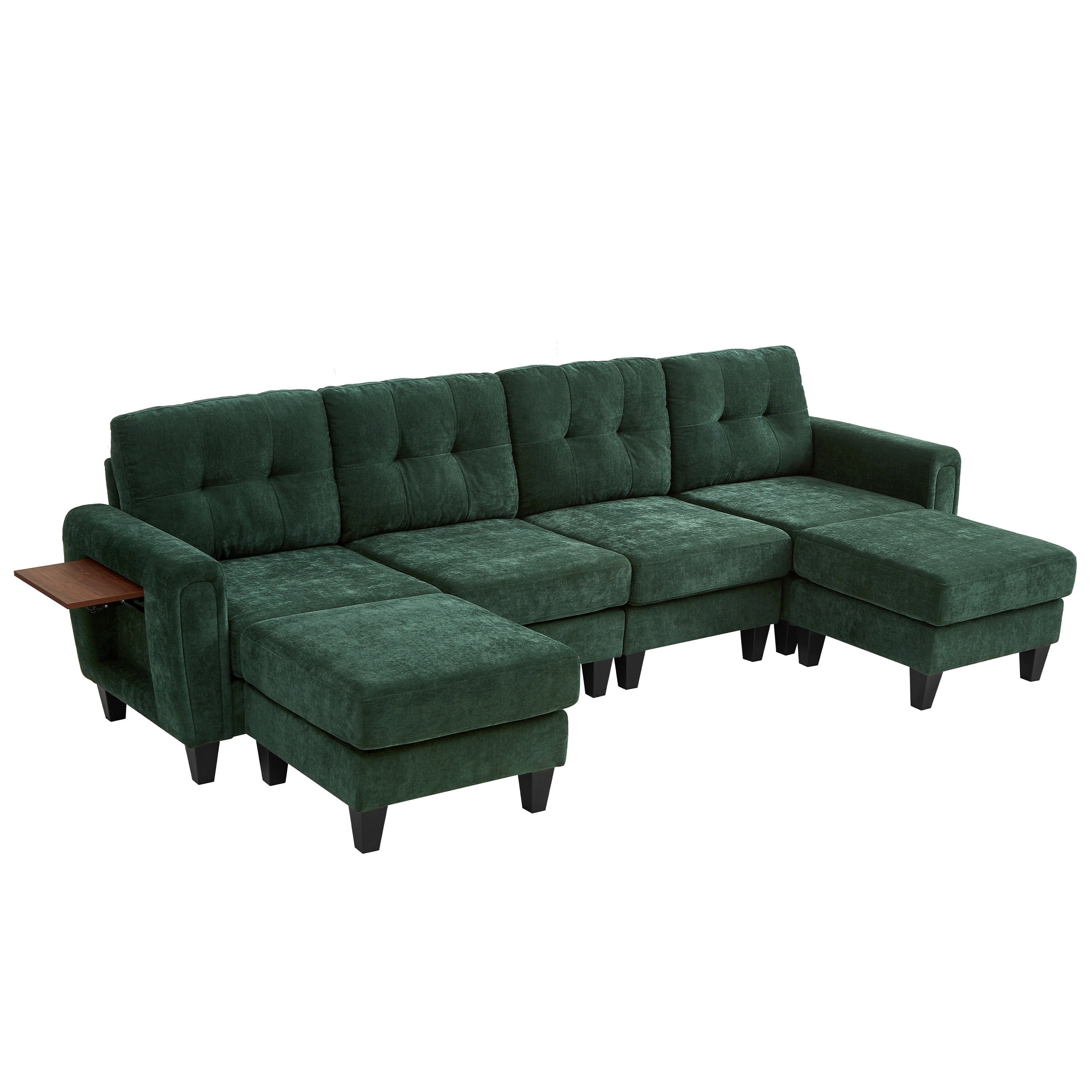 Euroco Modern Sectional Sofa 115" U-shaped Sofa Upholstered Sofa Couch with Two Movable Ottomans, USB Ports and Side Tables for Living Room, Green