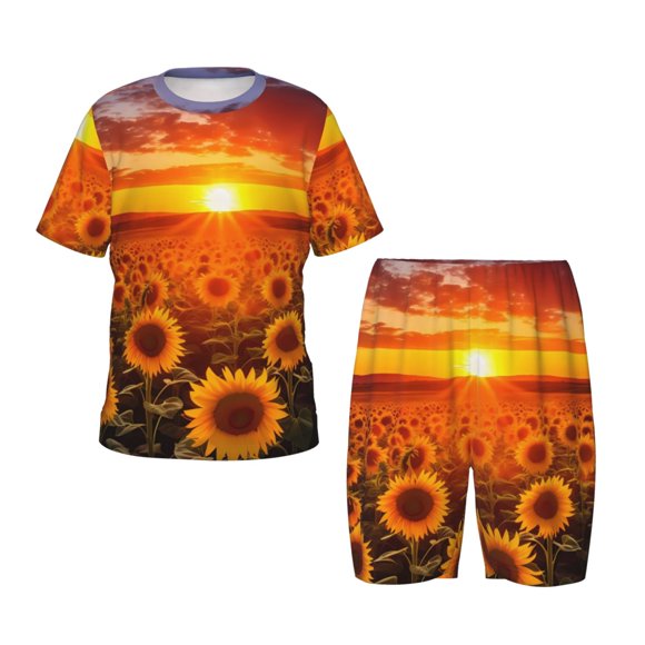 Balery Sunset Golden Sunflower Field Conjunto de Pijama Infantil de Manga Corta con Estampado – Ropa de Dormir de Algodón Suave-Large
