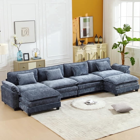 IPKIG Sectional Sofa Comfy Cloud Couch for Living Room with Pillows, Modern Chenille Sofa Sleeper Deep Couches with Two Ottoman (Blue, 6-Seat)