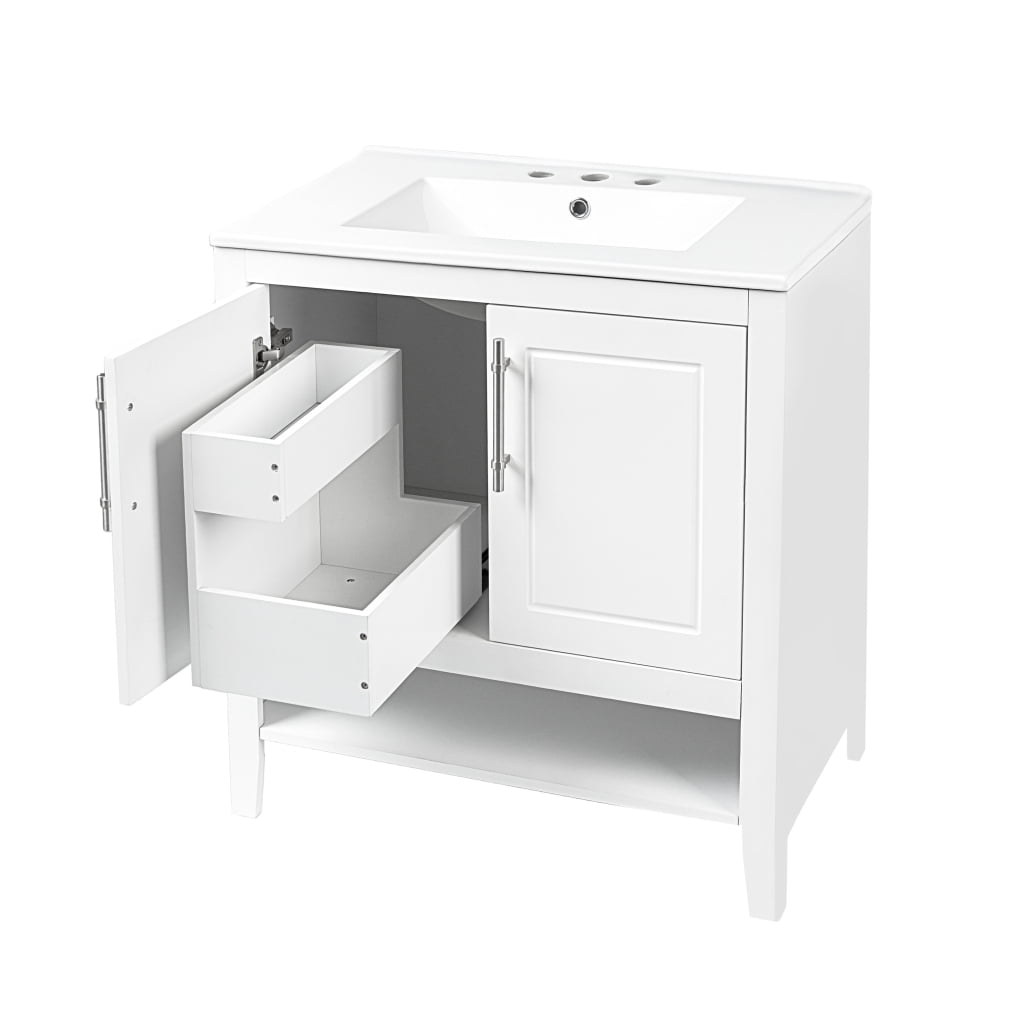 30" Modern Bathroom Vanity with Sink Top,Multi-Functional Wood Bathroom Storage Cabinet with Doors and Drawers,Wood Frame and MDF Board, Large Storage Space,White