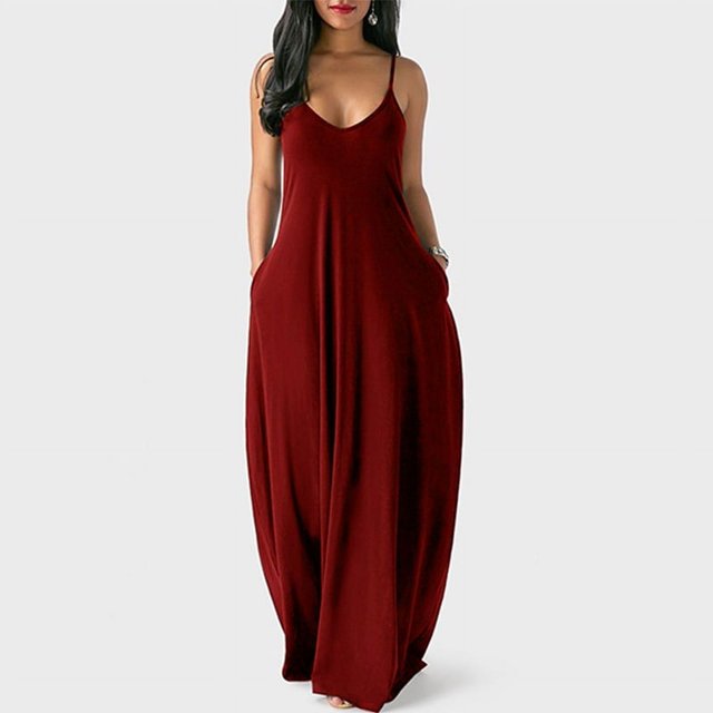Vestido largo informal de verano para mujer, de color liso, con escote en V profundo, sin mangas y largo hasta la playa$Vestido largo informal holgado liso con escote en V profundo y sin