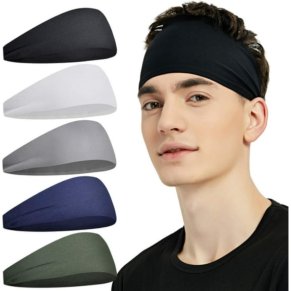 Sports Headbands for Men (5 Pack), Moisture Wicking Workout Headband, Sweatband Headbands for Running, Cycling, Football, Yoga, Hairband for Women and Men