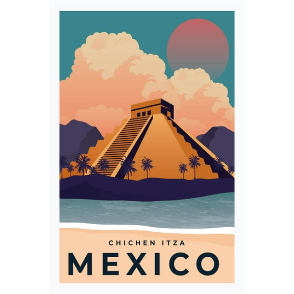 EzPosterPrints - Retro World Famous City Posters - Decorative, Vintage, Retro, Grunge Travel Poster Printing - Wall Art Print for Home Office - CHICHEN ITZA, MEXICO - 12X18 inches