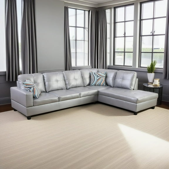 Hommoo L Shaped Sectional Couches and Sofas, 4-Seat Semi Semi PU Synthetic Leather Sectional Sofa Sets, Modern Living Room Furniture Sets, 17.5'' Back Height, Silver White(No Ottoman)